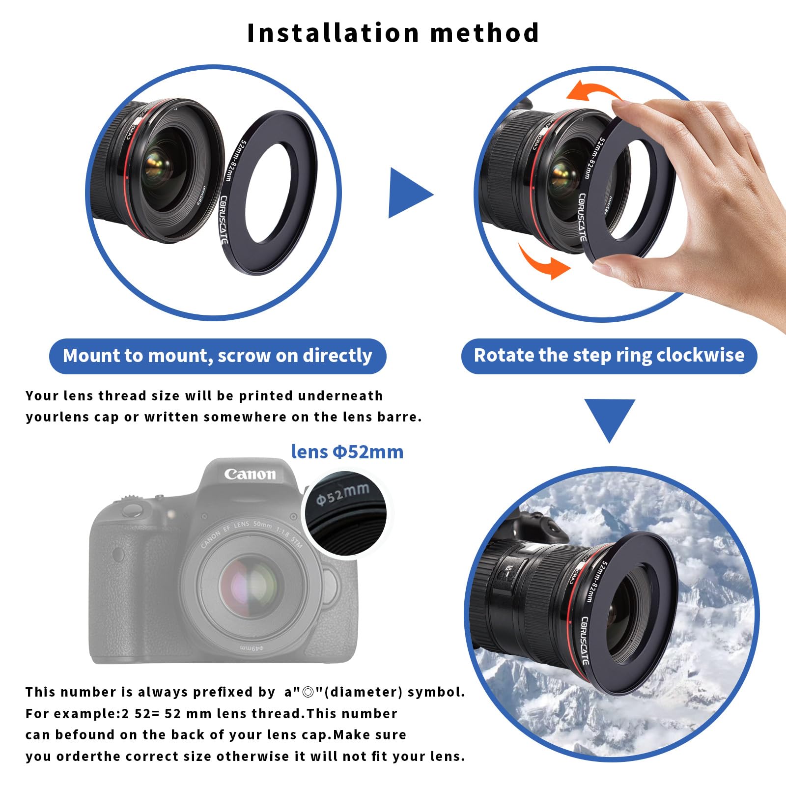 52mm lnes to 82mm Camera Lens Adapter,Camera Step-Up Ring Filter,Change The Filter or Lens Size from 52mm to 82mm.Compatible All 82mm Thread Filter Accessory+Lens Cleaning Cloth - Image 4
