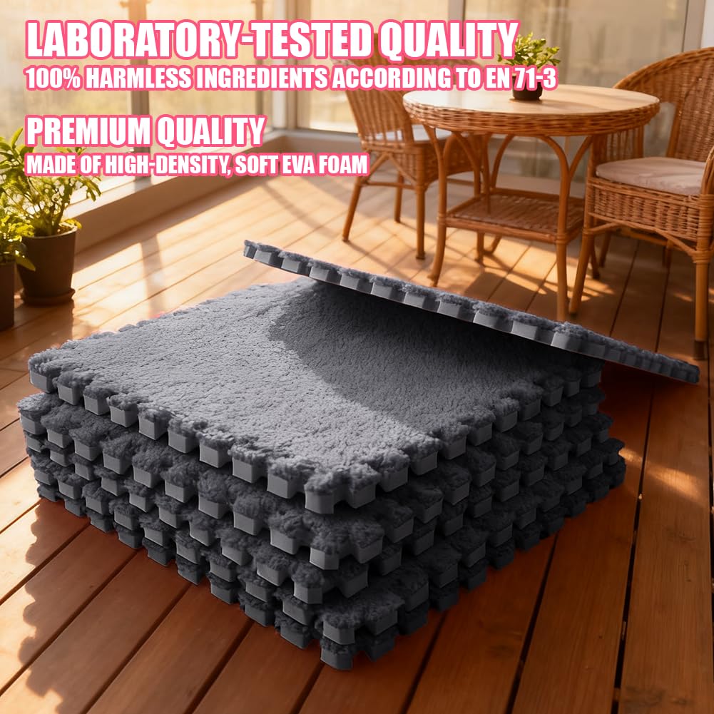 12 Stück Teppichboden Schaumstoffmatte, Plüsch Teppichfliesen, Ineinandergreifender Wohnzimmer Memory Foam Teppich (Schwarz)