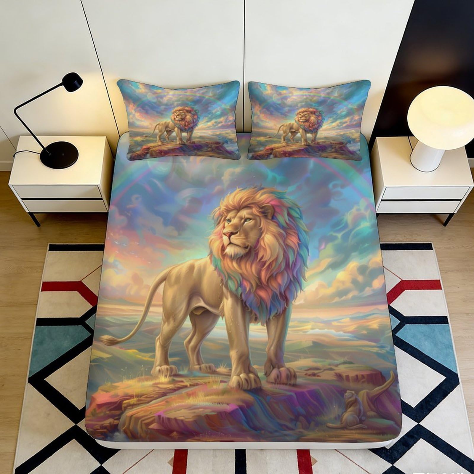3D Printed Majestic Lion Fitted Sheet Microfiber Soft Breathable Sunset Landscape Mattress Cover for Bedroom Dorm Decor 90x200x25cm