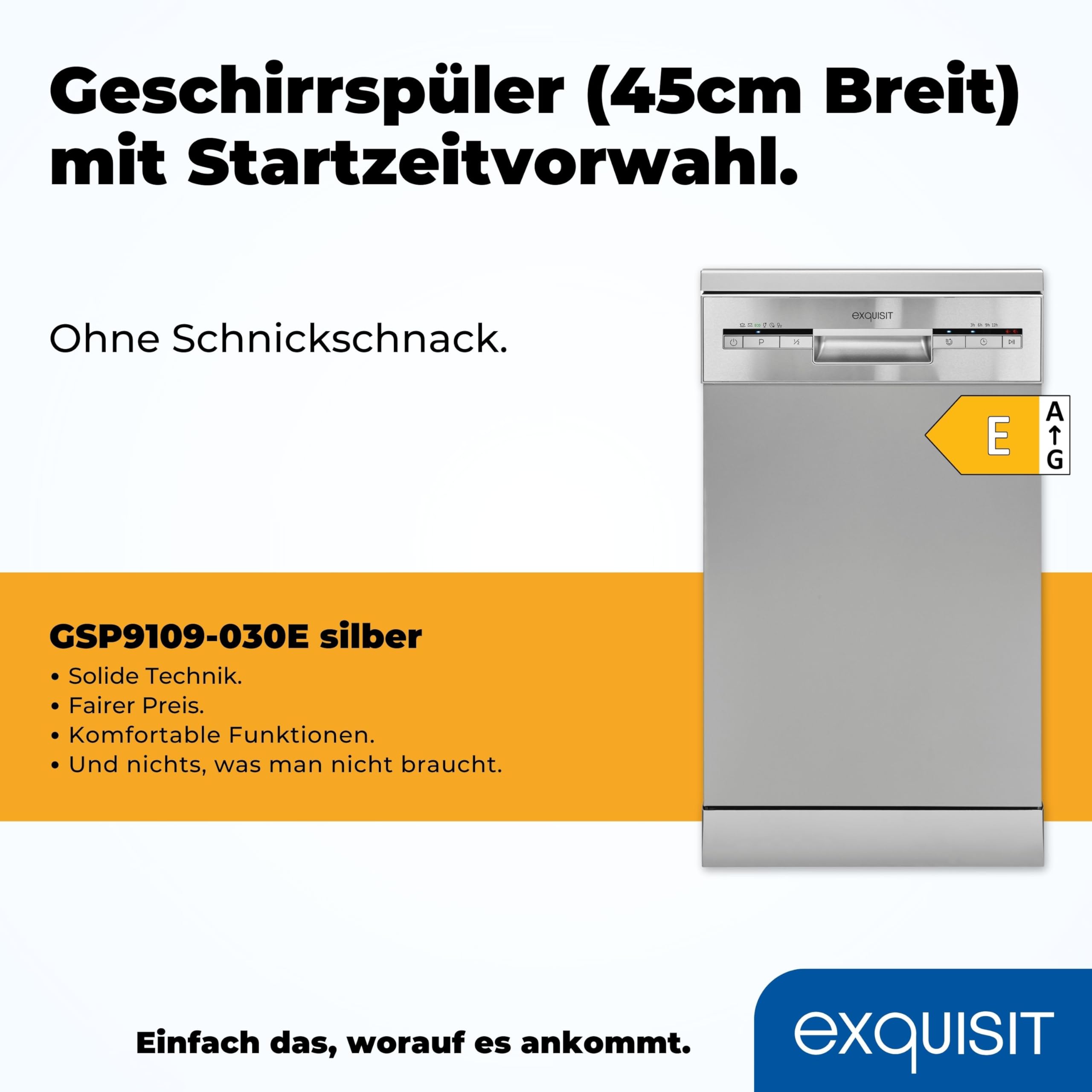 Exquisit GSP9109-030E Geschirrspüler 45 cm Silber Freistehend unterbaufähig 9 Maßgedecke 49 dB leise