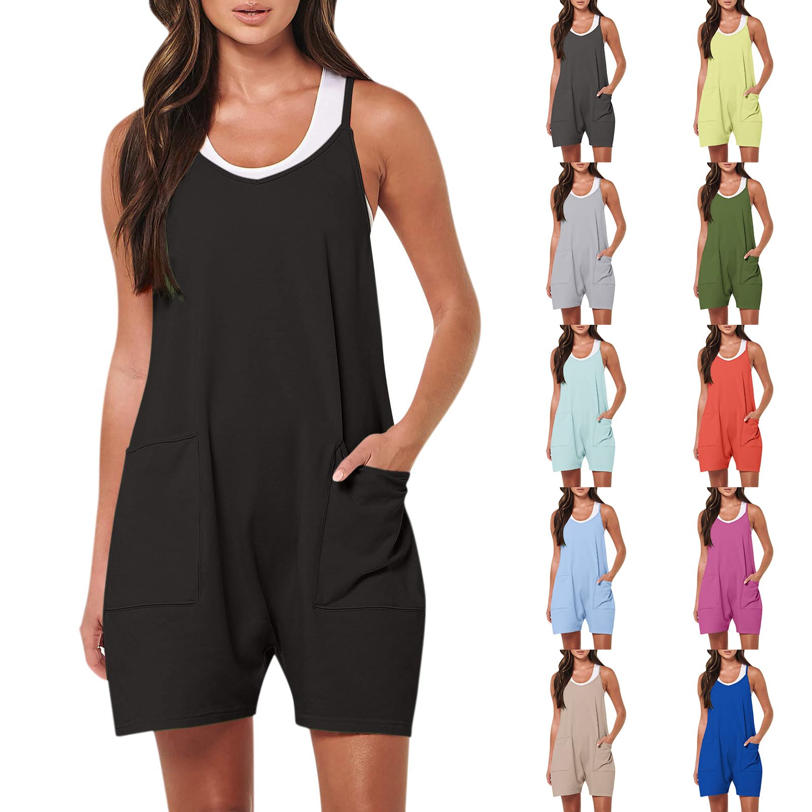 Rikbuig Summer Rompers for Women Dressy Casual Wide Leg Short Jumpsuits with Pockets Adjustable Strap Loose Overall Shorts