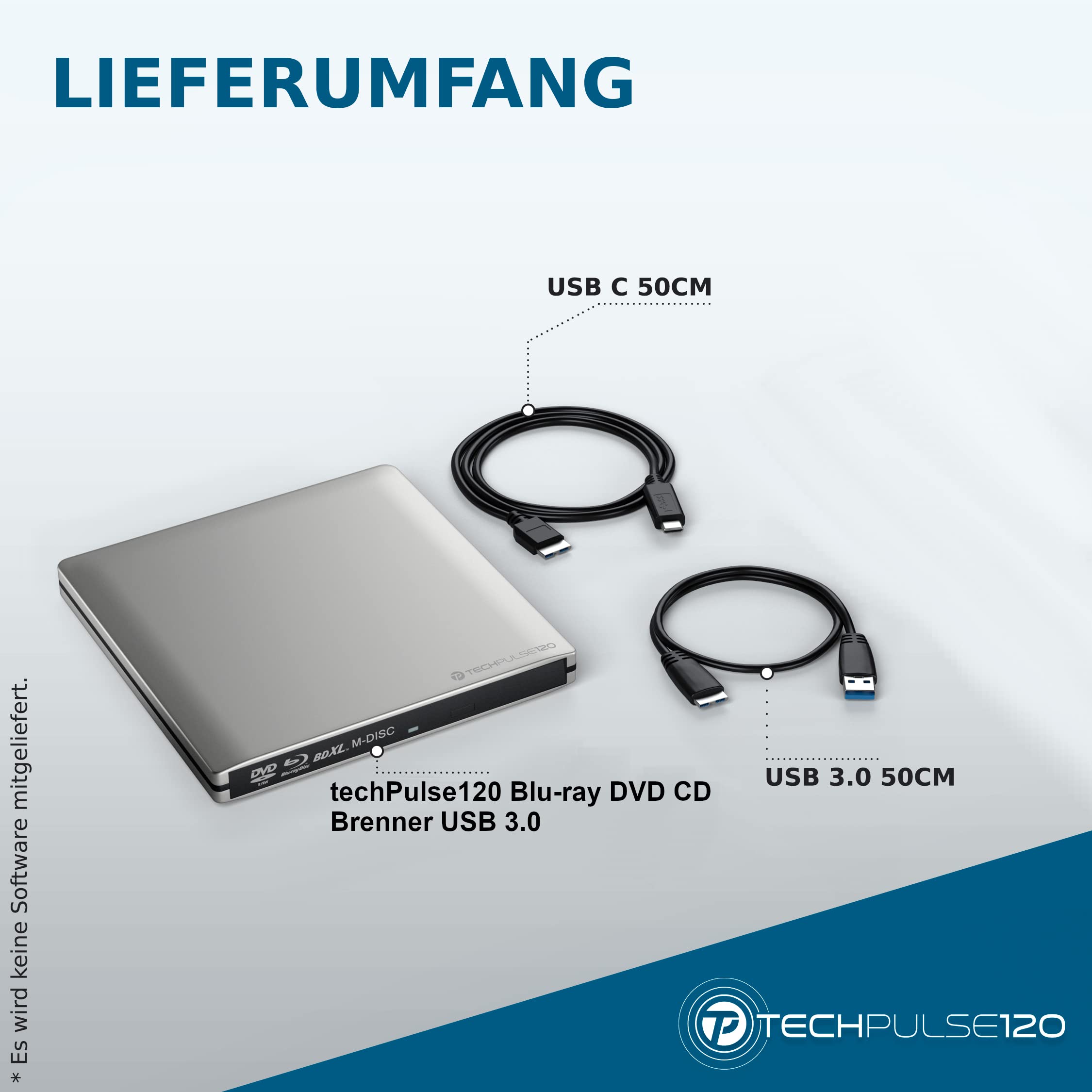 techPulse120 USB 3.0 Typ-C externer Blu-ray Brenner 3D M-Disc BDXL 100GB Burner Superdrive Blueray Laufwerk BD DVD CD Slim für Computer Notebook Ultrabook Windows MacOS Apple iMac MacBook Alu Silber