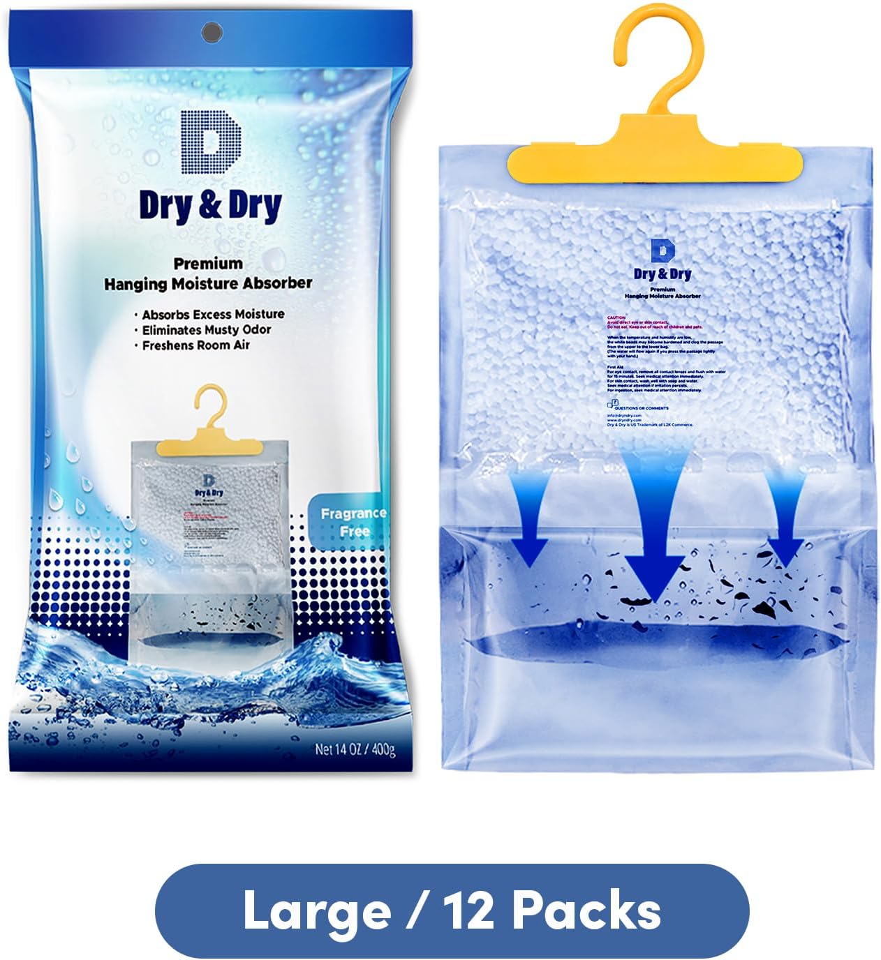 Dry & Dry Premium Moisture Absorbers Dehumidifiers for Home, Basement, Bedroom, Small Dehumidifiers - Blue & White (Pack of 12) 14 ounce