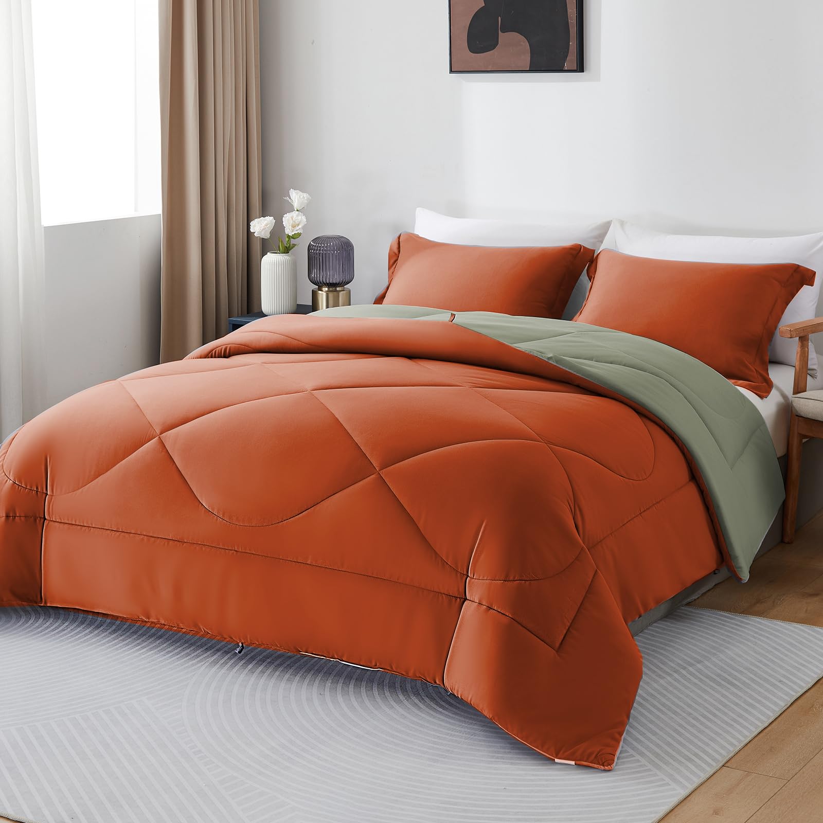 Double Size Duvet, Terracotta & Dark Green, 10.5 Tog Down Alternative Comforter Set with 2 Shams, Reversible Coverless Duvet Microfiber Soft Warm Bed Quilt for All Seasons, Machine Washable, 200x200cm — image 1