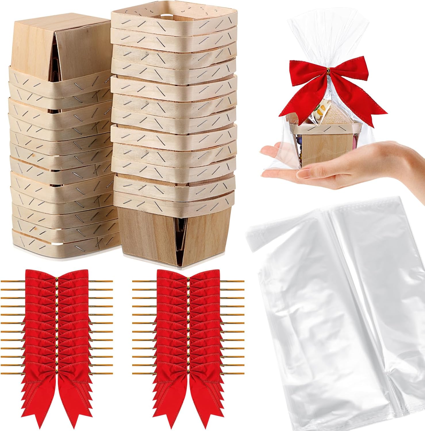 Kigley 24 Set Wooden Christmas Gift Baskets Empty Small Gift Basket with Cellophane Bags Bows Basket Kit for Thanksgiving DIY Picking Fruit Birthday Wedding Bow Party(4 Inch,Red) 4 Inch Red