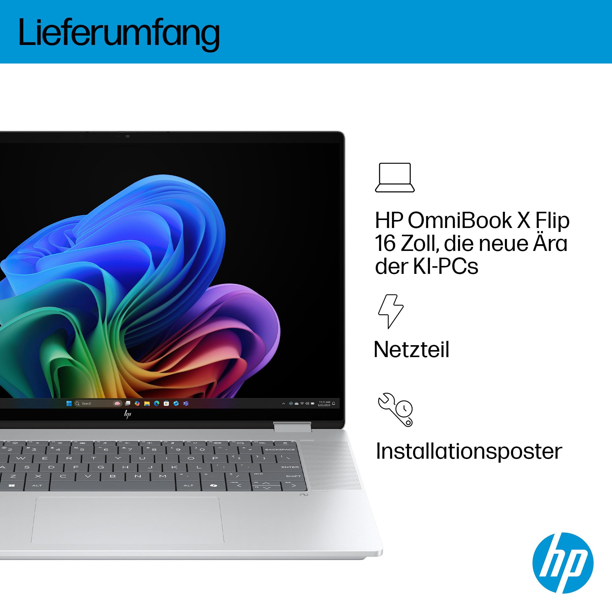 HP OmniBook X Flip 2-in-1 Laptop (16" 2K Touchscreen, Intel Core Ultra 5, Copilot+, 16GB RAM, 512GB, Win 11, QWERTZ) - Silber