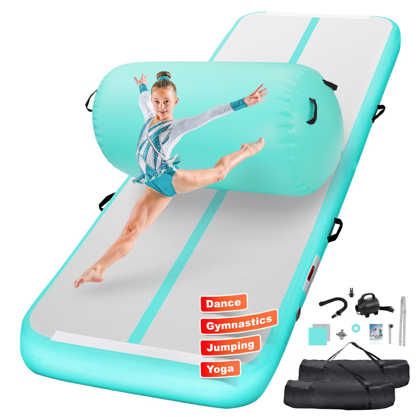 KIKILIVE Aufblasbare Turnmatte mit Air Roller und Elektroluftpumpe, 3m Gymnastikmatte & Roller, Ideal für Yoga, Gymnastik, Cheerleading, Tanzen und Heimtraining