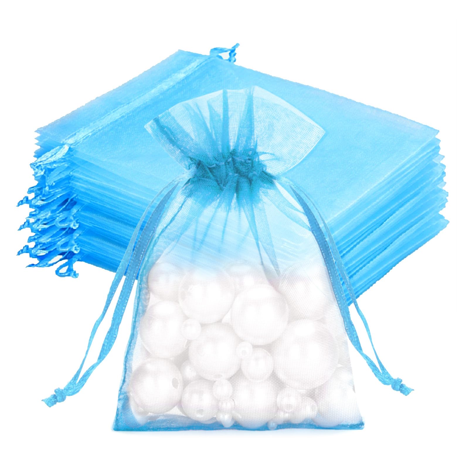joycraft 50Pcs Lake Blue Organza Bags–2.7x3.5 In Drawstring Mesh Pouch