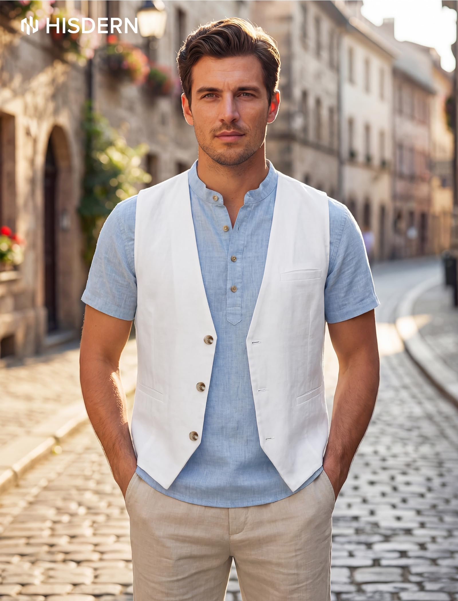 HISDERN Gilet d'été pour homme coton et lin avec poches léger et respirant