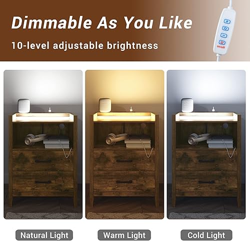 Miniatura 4 de EPHEX Juego de 2 mesitas de noche con luces LED y estación de carga mesa auxiliar con 2 cajones y almacenamiento abierto mesita de noche moderna