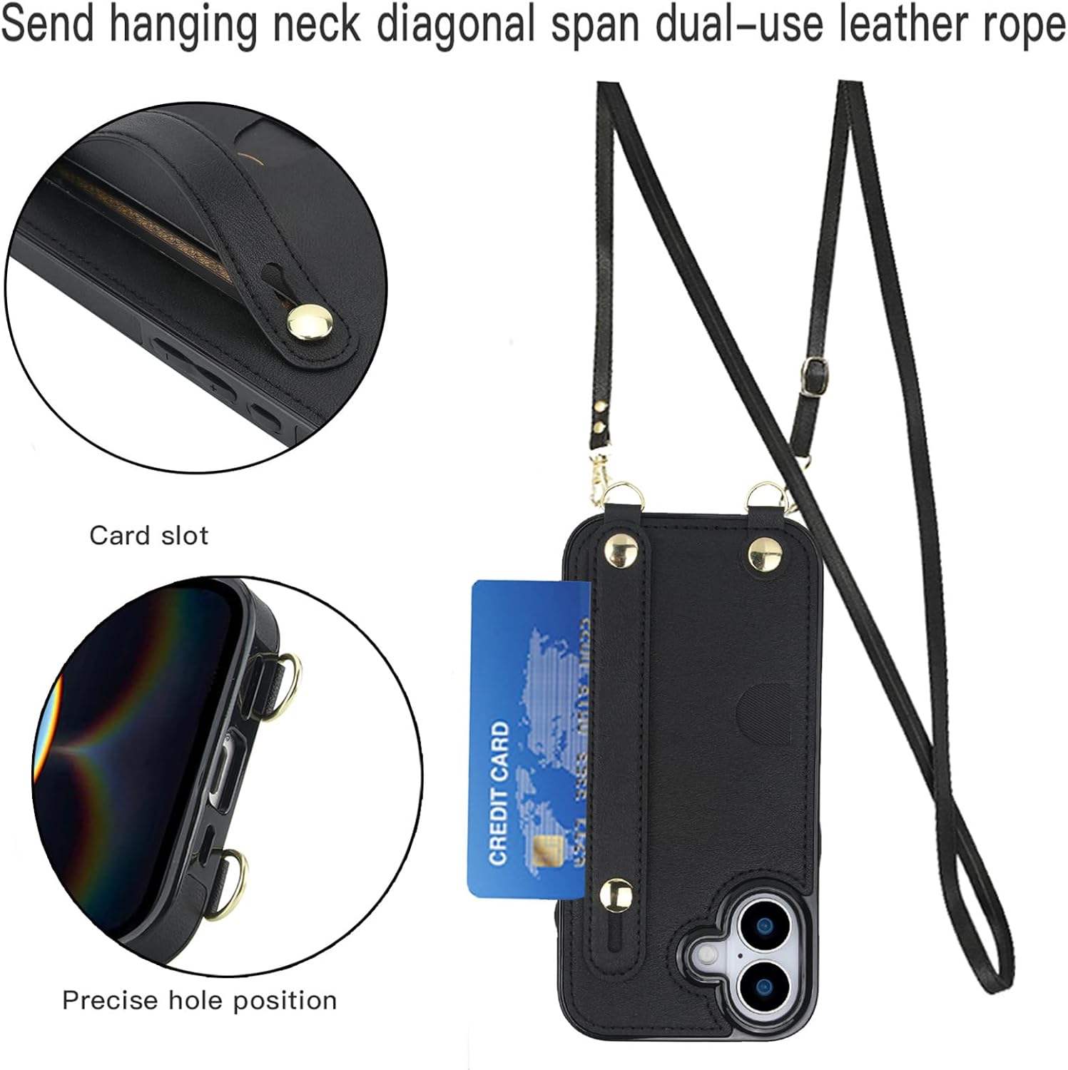 Crossbody Case for iPhone 17 with Card Slots Holder, Women PU Leather Adjustable Shoulder Lanyard Cover with Wrist Strap Kickstand for iPhone 17 - WD Black