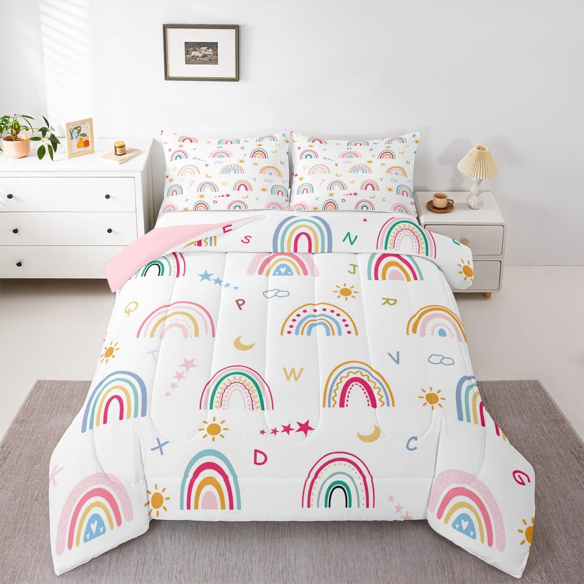 Feelyou Cartoon Rainbow Letters Bedding Set Soft for Boys Girls, ABC Alphabet Comforter Set Full Size Cute Rainbow Duvet Quilt Microfiber Educational Bedroom Decor 3 Pcs with 2 Pillow Cases