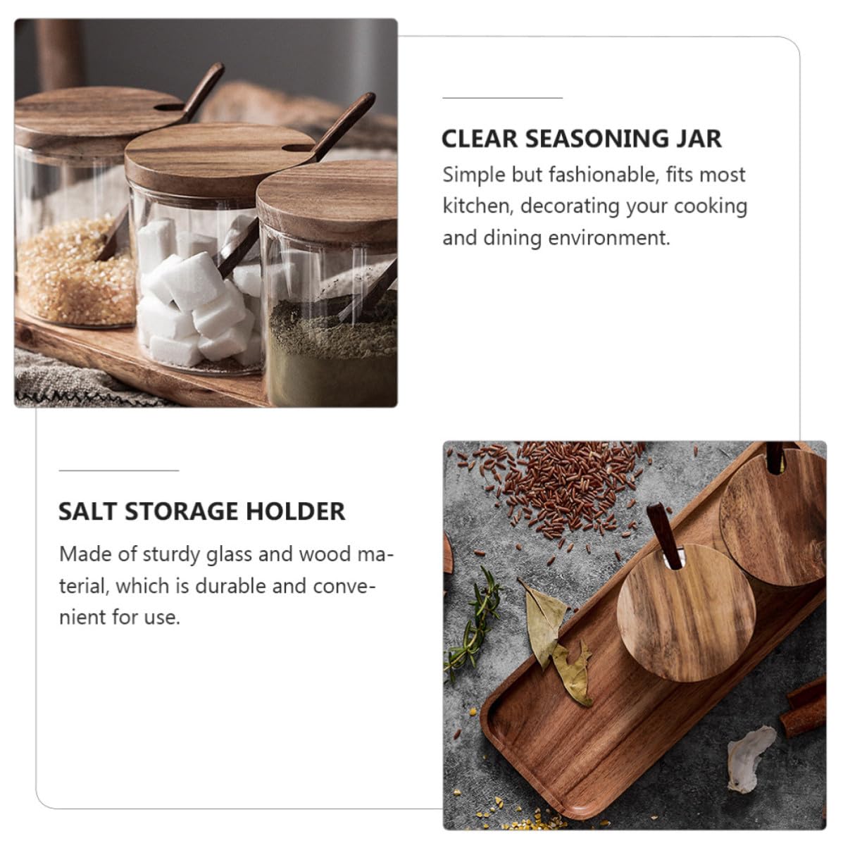 Gewürzgläser mit Tablett mit Holzdeckel und Löffel 1 Satz Glas Gewürzbehälter Luftdichte Aufbewahrungsgläser für Küche und Kochen
