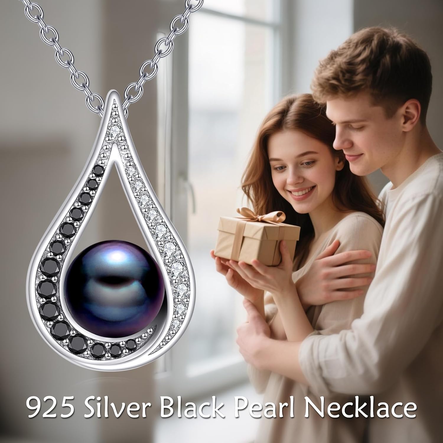 Diamond Freshwater Black Pearl Necklace for Women, 925 Sterling Silver 7MM Pearl Teardrop Pendant Necklaces with Lab Grown Diamond Luxury Jewelry Gifts for Her, 18+2 Inches - Image 2
