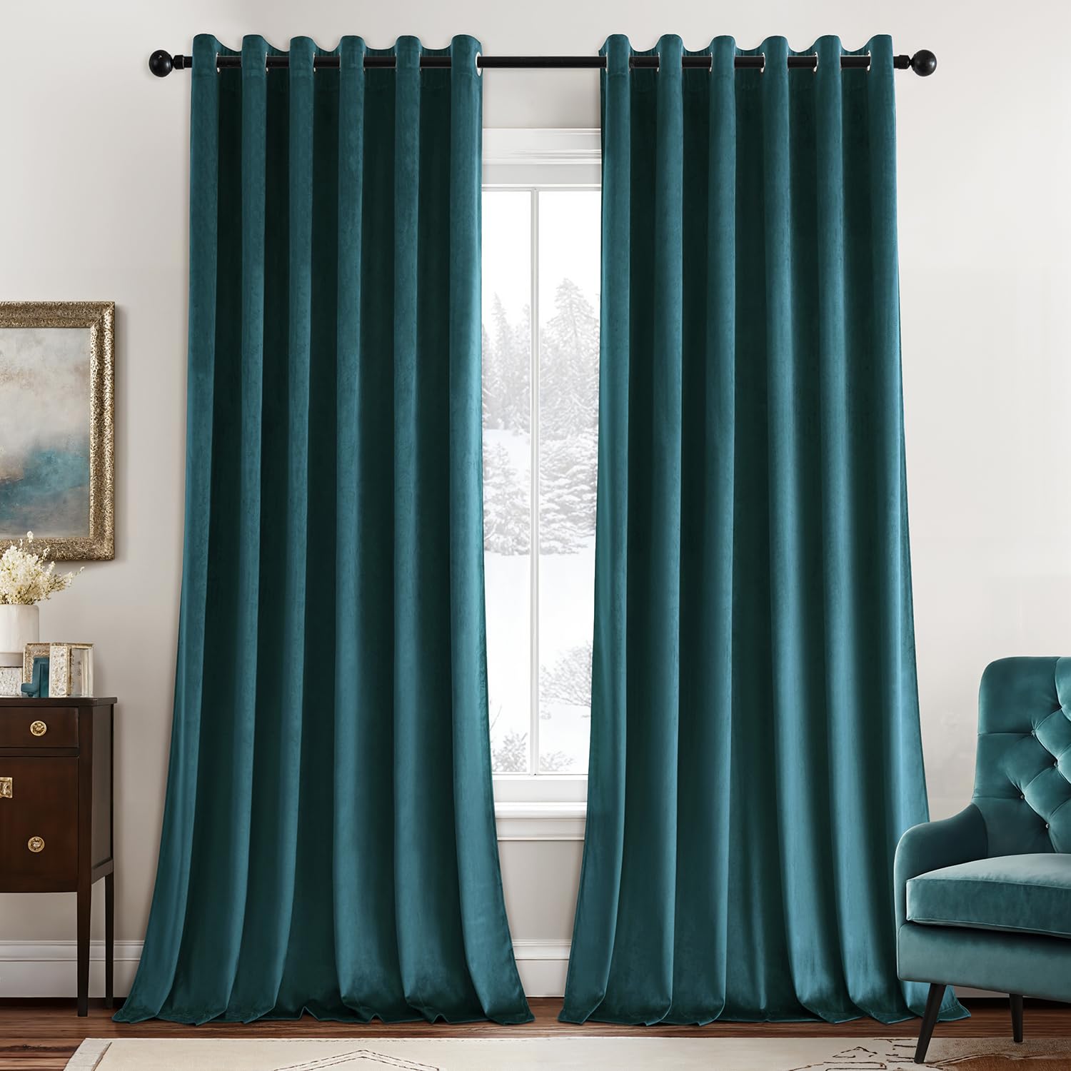 MIULEE Thick Velvet Curtains for Bedroom 2 Panel Set, Elegant Home Decor Room Darkening Velvet Curtains for Living Room, Peacock Blue Eyelet Curtain 88 Drop, Each Panel 90 x 90 Inches