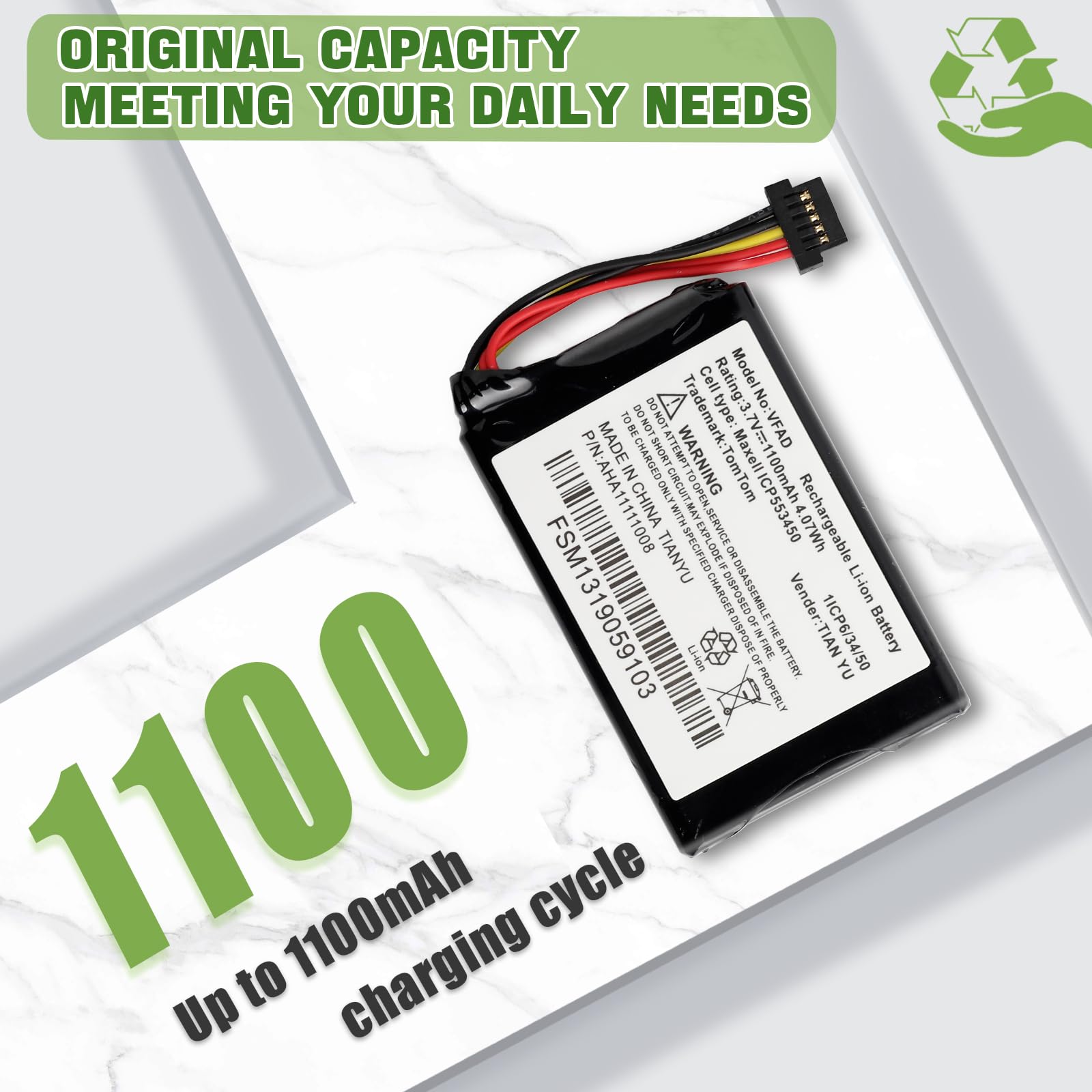 AHA1111008 VFAD Batterie de rechange compatible avec Tomtom Go 6200, Go 6100, Go 6000, Go 5000, Go 600, Go 500 Batterie de rechange avec kit d'outils de réparation mis à jour