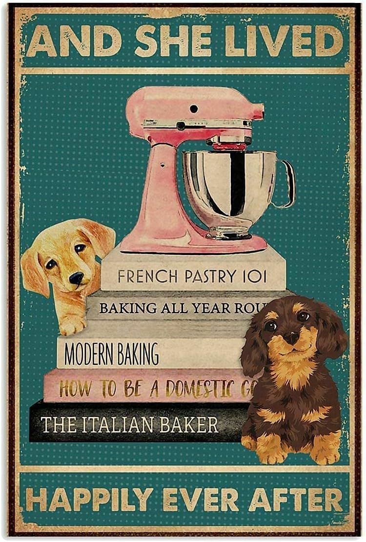 幸せに住んでいた本犬のポスターポスター金属錫看板鉄絵画家家族愛好家ギフト面白い金属看板寝室ノベルティレトロパーラーヤードファーム中庭壁の装飾8x12インチ Seal限定商品