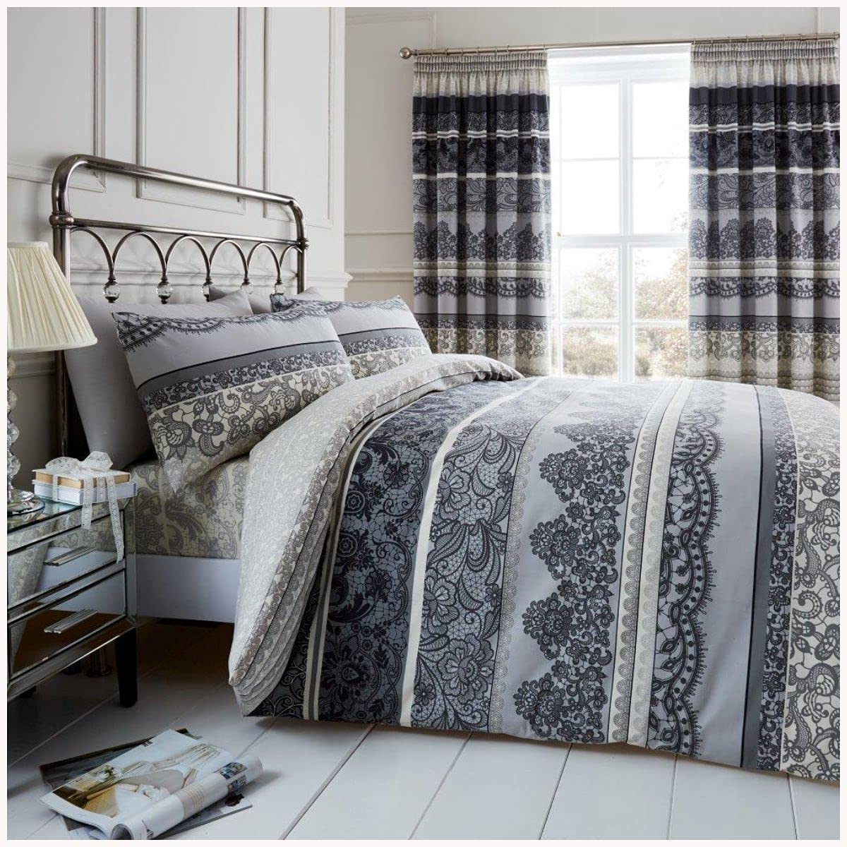 GC GAVENO CAVAILIA Paisley Duvet Cover, Reversible Damask King Size Bedding Set, Easy Care Quilt Cover, Grey