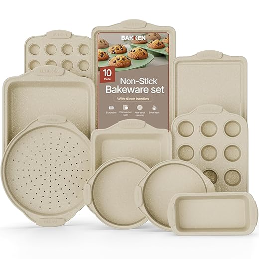 BAKKEN Kitchen Oven Baking Pans - Nonstick Gray Coating, Carbon Steel Bakeware Set with White Silicone Handles, Commercial Restaurant Quality Pans, PFOA, PFOS, PTFE Free, Oven Safe (450° F), Set of 10