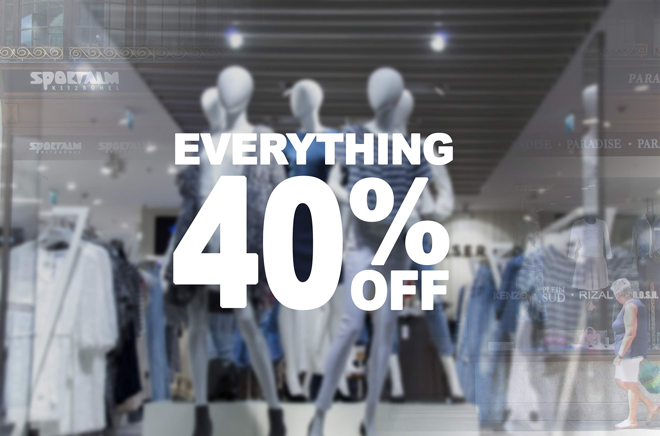 1 x wall window display sale sticker - everything 40 percent off - white cut off - self adhesive weather proof vinyl sticker label - size - 450mm x 280mm