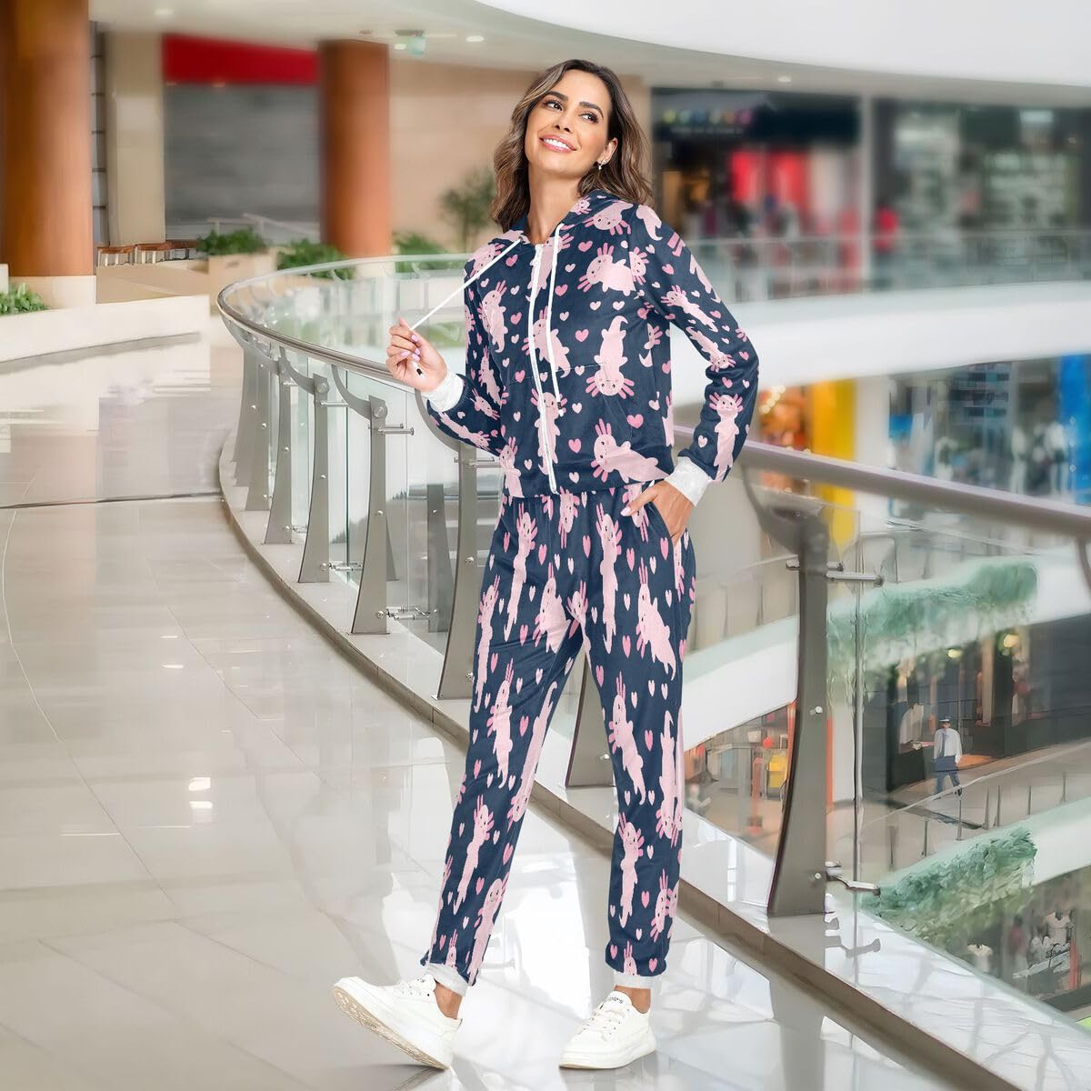 Conjunto deportivo de 2 piezas para mujer, diseño de ajolote, manga larga, con corazones de dibujos animados