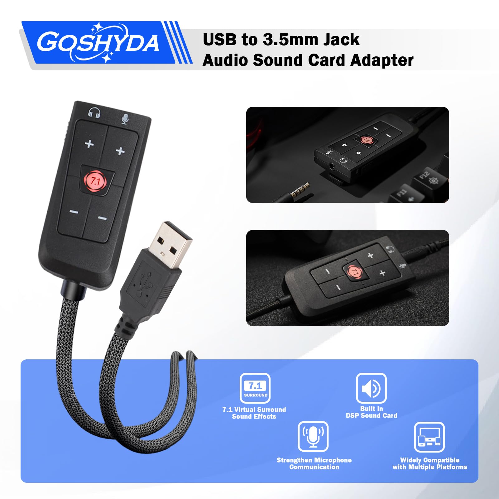 Adattatore per scheda audio da USB a jack da 3,5 mm per Kingston Cloud II, cuffie da gioco 7.1 canali USB scheda audio per PS5, per serie X S