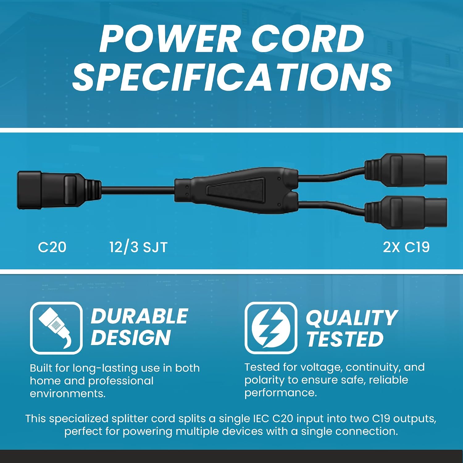 IronBox Electric IEC C20 to 2X C19 Splitter Power Cords - 20A, 250V, 12/3 SJT - UL Listed Power Extension Cord - Heavy Duty Cable Connector for Computer, Monitor, PDU, Speaker & More (8ft + 2ft Legs)