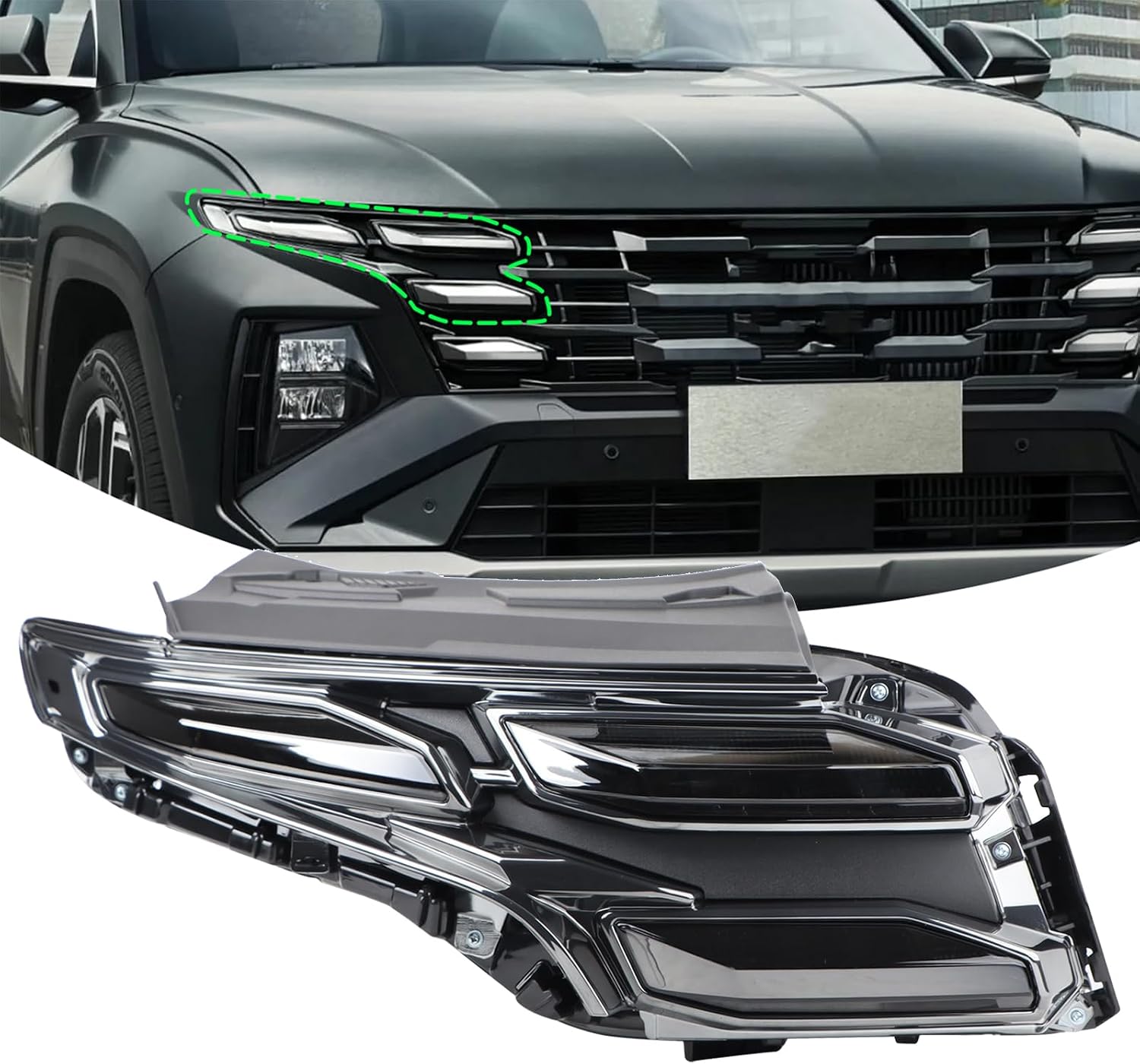 LH Chrome Trim Single-Projector DRL Headlights Compatible With 2025 Hyundai Tucson Hybrid Lower Daylight Running Light Left Driver Side 92207-N9750