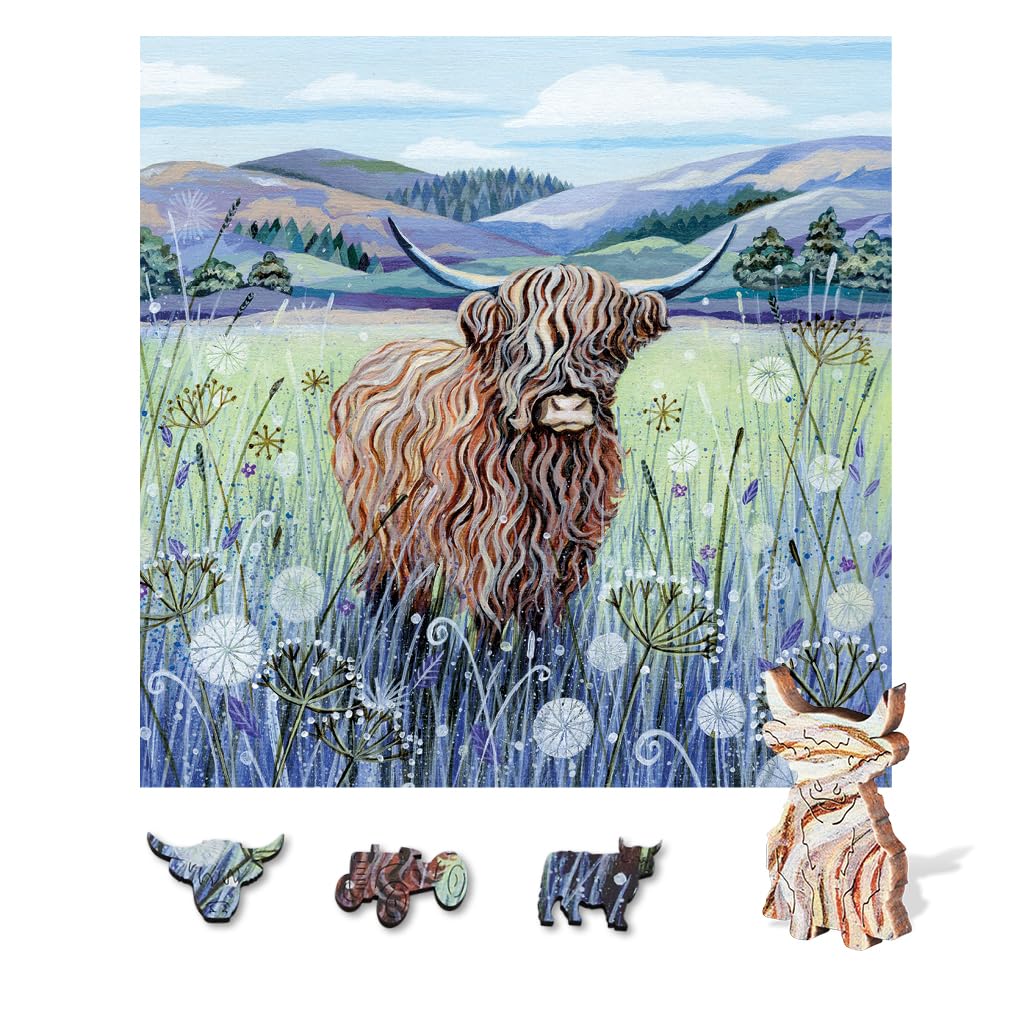 Wentworth Wooden Puzzles Scottish Highland Cow, 240 Pcs Adult Jigsaw Puzzle, Themed Irregular Pieces