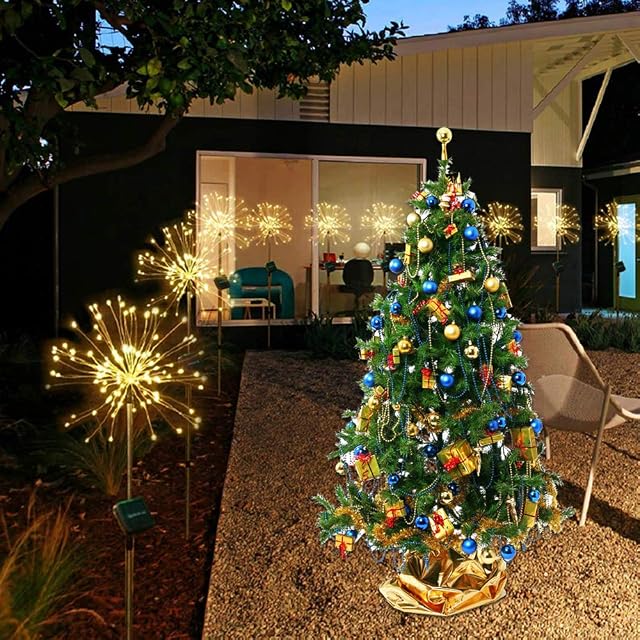 120 LED Solar Garden Decorative Firework Light Outdoor,2 Flashing Modes,Firework Stake Landscape Starburst Fairy Light,DIY Flowers Trees for Gifts Christmas Party Wedding (warm white, 2 pcs)
