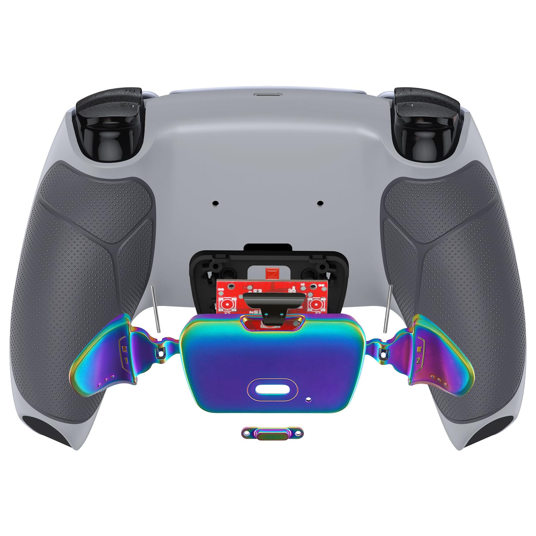 Wersja eXtremeRate Niebiesko Fioletowa Real Metal Buttons (RMB) RISE Zestaw Mapowania dla Kontrolera ps5 BDM-030 z Szary Gumowaną Tylną Osłoną Uchwytu, Ulepszony Programowalny Szary Powrót Przyciski Załącznik dla ps5 Controller