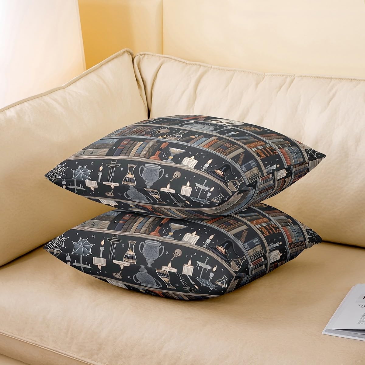jejeloiu Magic Bookshelf Decorative Throw Pillowcases 24"x24" Set of 2 Soft Vintage Library Throw Pillow Covers Book Skull Pillow Cases Cushion Covers Cushion Cases