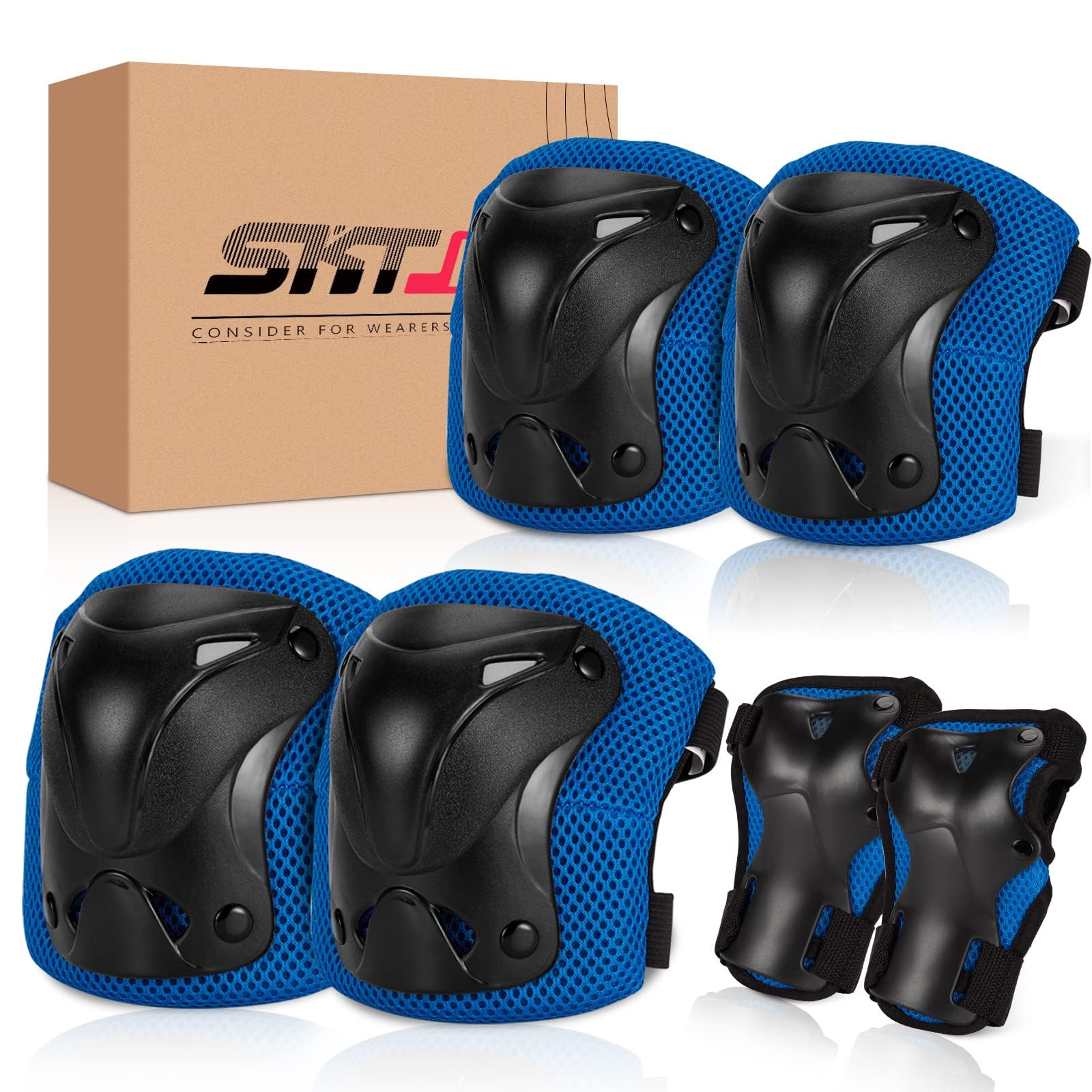 SKT HP Equipo de protección para adultos, rodilleras, coderas, muñequeras para patinaje en línea, ciclismo, patineta (azul)