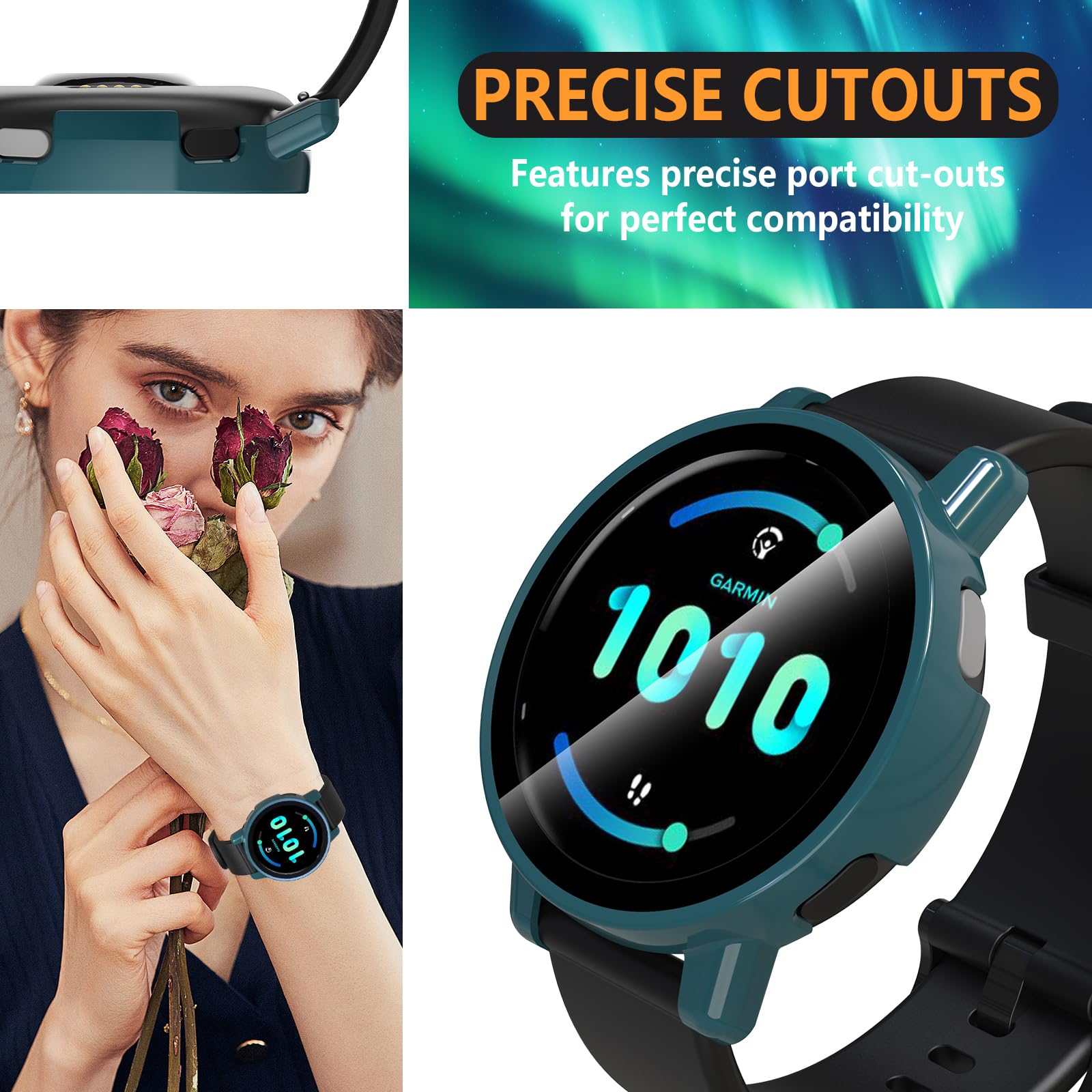 Vanrain 2 stuks hoes voor Garmin Vivoactive 5, met displaybeschermfolie, glas, 360° rondom PC case, bumper, volledige afdekking, beschermhoes, beschermhoes, zwart transparant