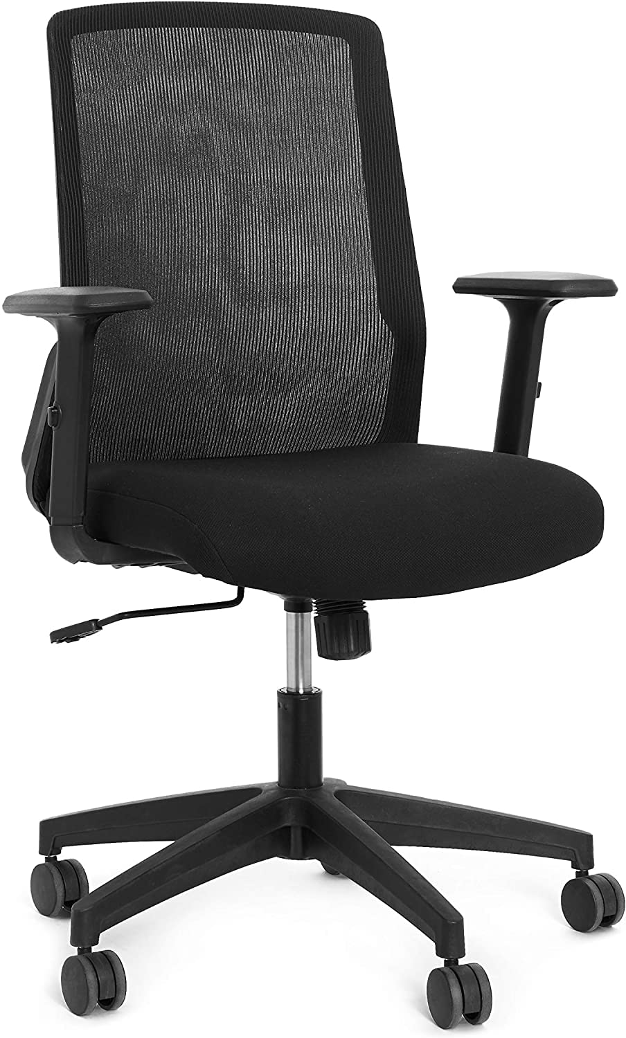 Poppin Nomad Task Chair - Black, Mesh Back, Upholstered Seat, Molded Glass-Filled Nylon Base, Height-Adjustable Arms, Lockable Tilt Mechanism and