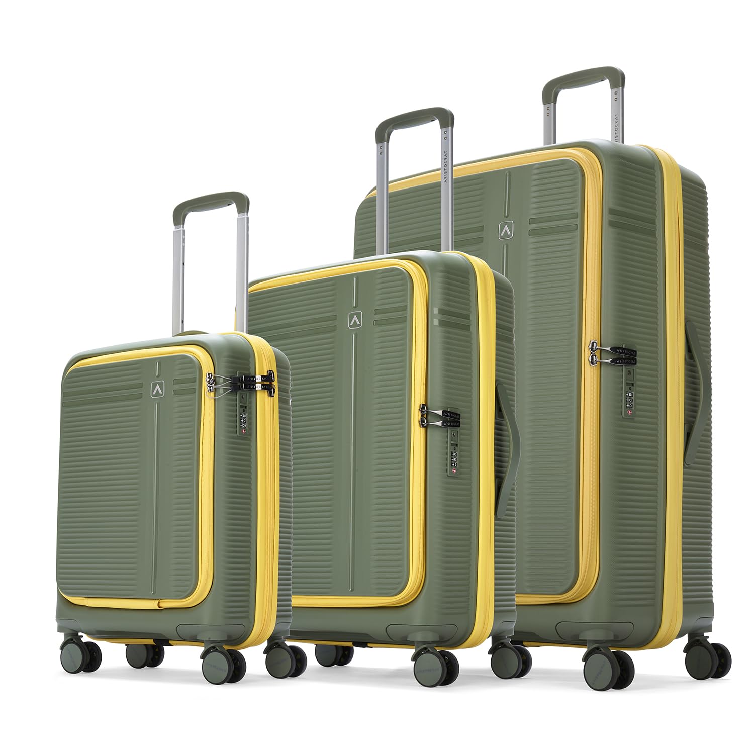 Aristocrat Solana Set of 3 Trolley Bag 53, 65 & 75cm | S+M+L | Hard Luggage | 8-Wheel Suitcase with Laptop Compartment | TSA Lock with Anti-Theft Zipper | 3 Years International Warranty (Green)
