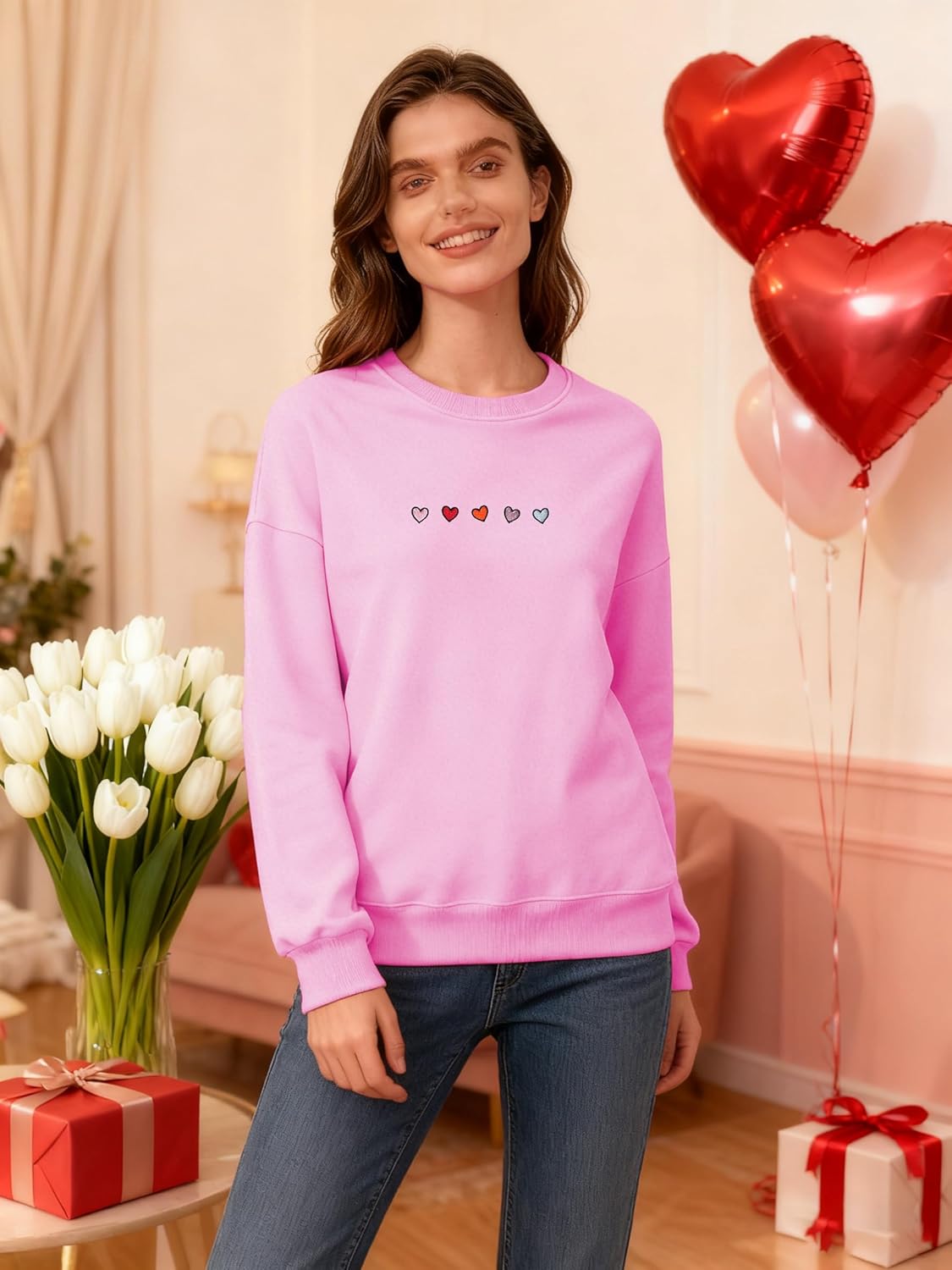 Valentines Day Sweatshirts for Women Love Chenille Heart Embroidered Sweatshirt Valentines Day Gifts Pullover - Image 5