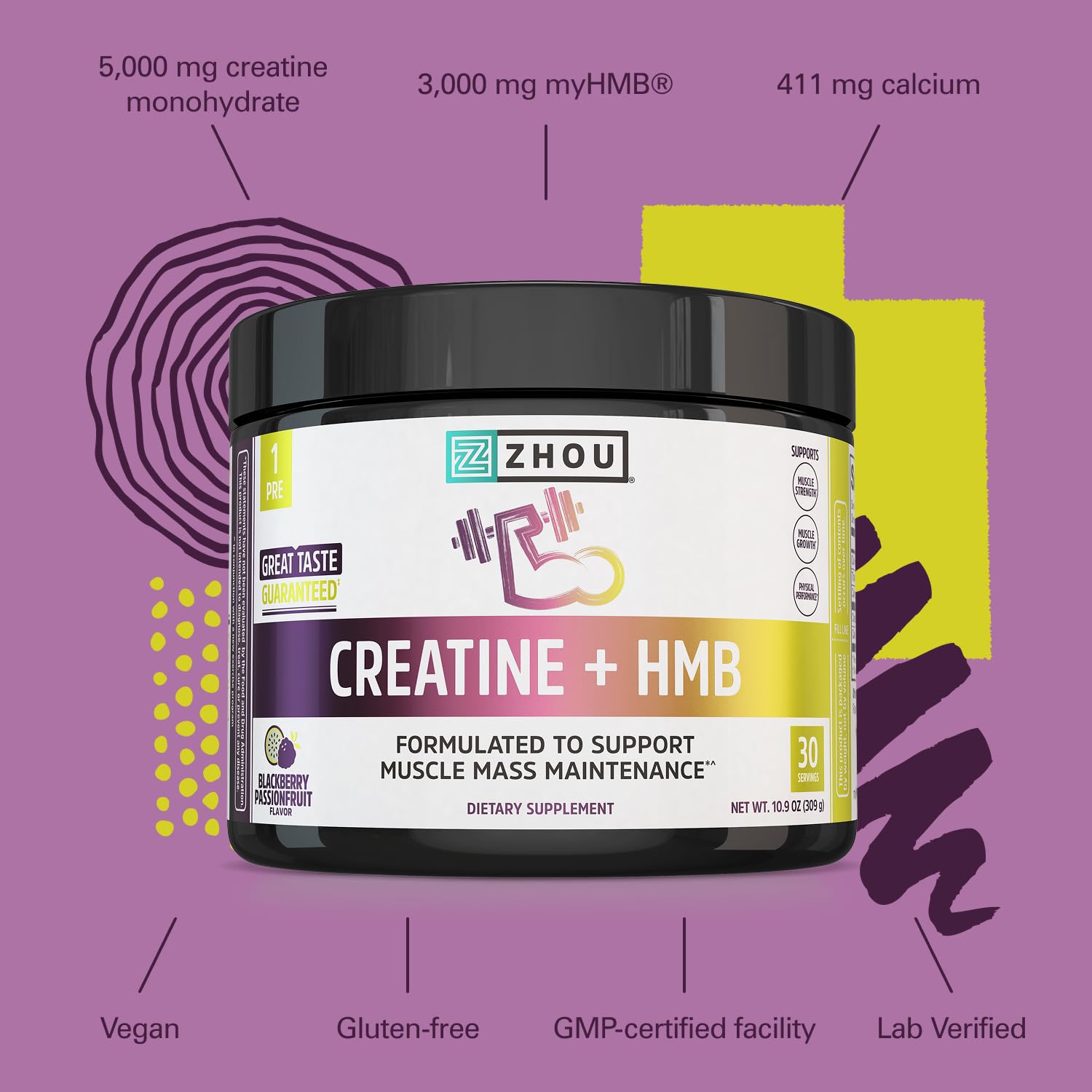 Zhou Creatine Plus HMB Powder - Muscle Growth, Power Support, Endurance, and Exercise Performance Support - BlackBerry Passionfruit Flavor - Vegan, Gluten-Free, Non-GMO - 30 Servings, 10.9 oz — Amazon image 4