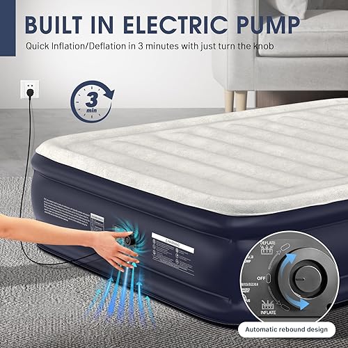 Miniatura 5 de Colchón de aire Queen con bomba integrada, colchón inflable elevado de 18 pulgadas, autoinfladodesinflado de 2 minutos, colchón inflable más grueso