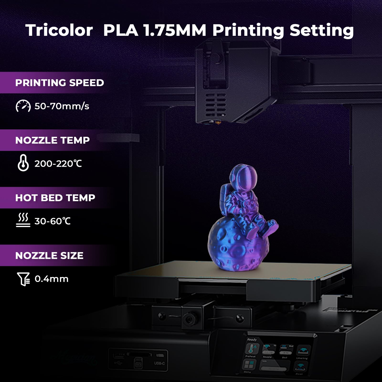 AMOLEN Filamento de impresora 3D, filamento PLA de seda de viaje de 1,75 mm, filamento de coextrusión de impresión 3D negro, azul y morado, 1 kg