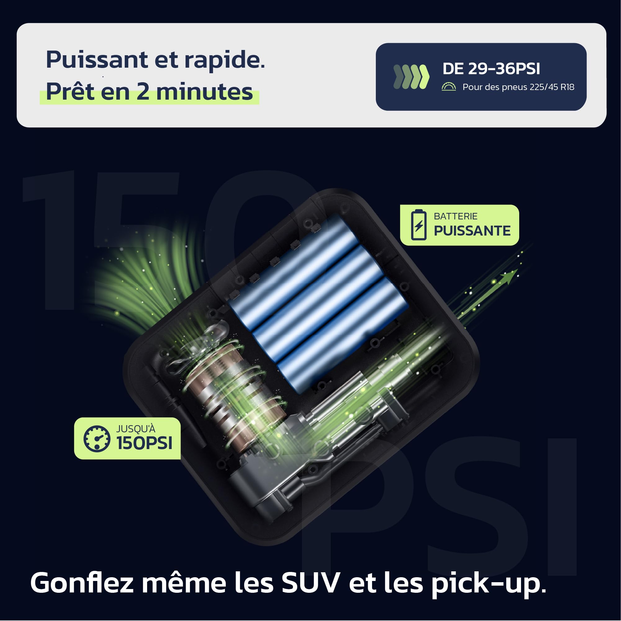 Woowind DP3 Gonfleur de Pneus Compresseur d'air Portable, 12V Pompe Pneu de Voiture et Pompe Air sans Fil pour Les Pneus de Voiture, Moto, Scooter, Dirtybike et Ball