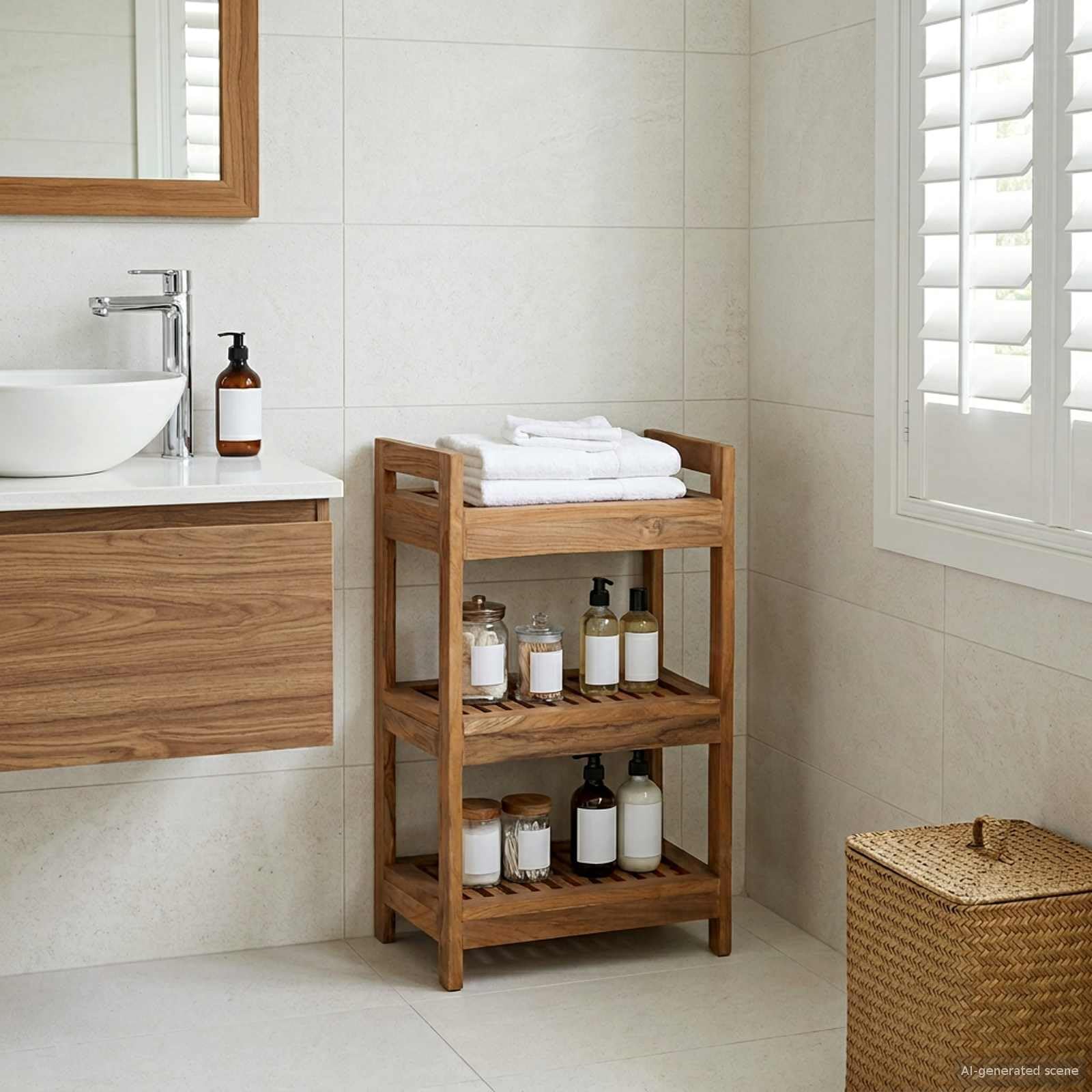 Badregal Natur aus Massivholz Teak, 45 x 30 x 71 cm, 3 Ablagen, platzsparend stehend, Stauraum für Badezimmer, Gäste WC und Waschplatz, rustikale Aufbewahrung für Innenräume