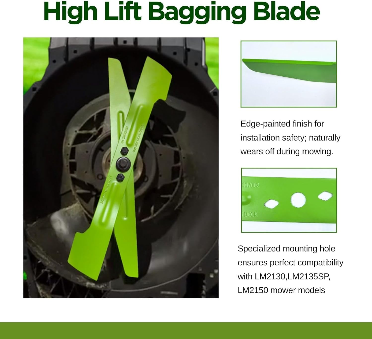 21 Inch Lawn Mower High-Lift Bagging Blades Compatible with EGO 56V LM2130/ LM2133 /LM2135SP/ LM2130SP/LM2150SP/LM2156SP, Replacement Dual Blade Set AB2101D for 56V Select Cut Mowers (Green)