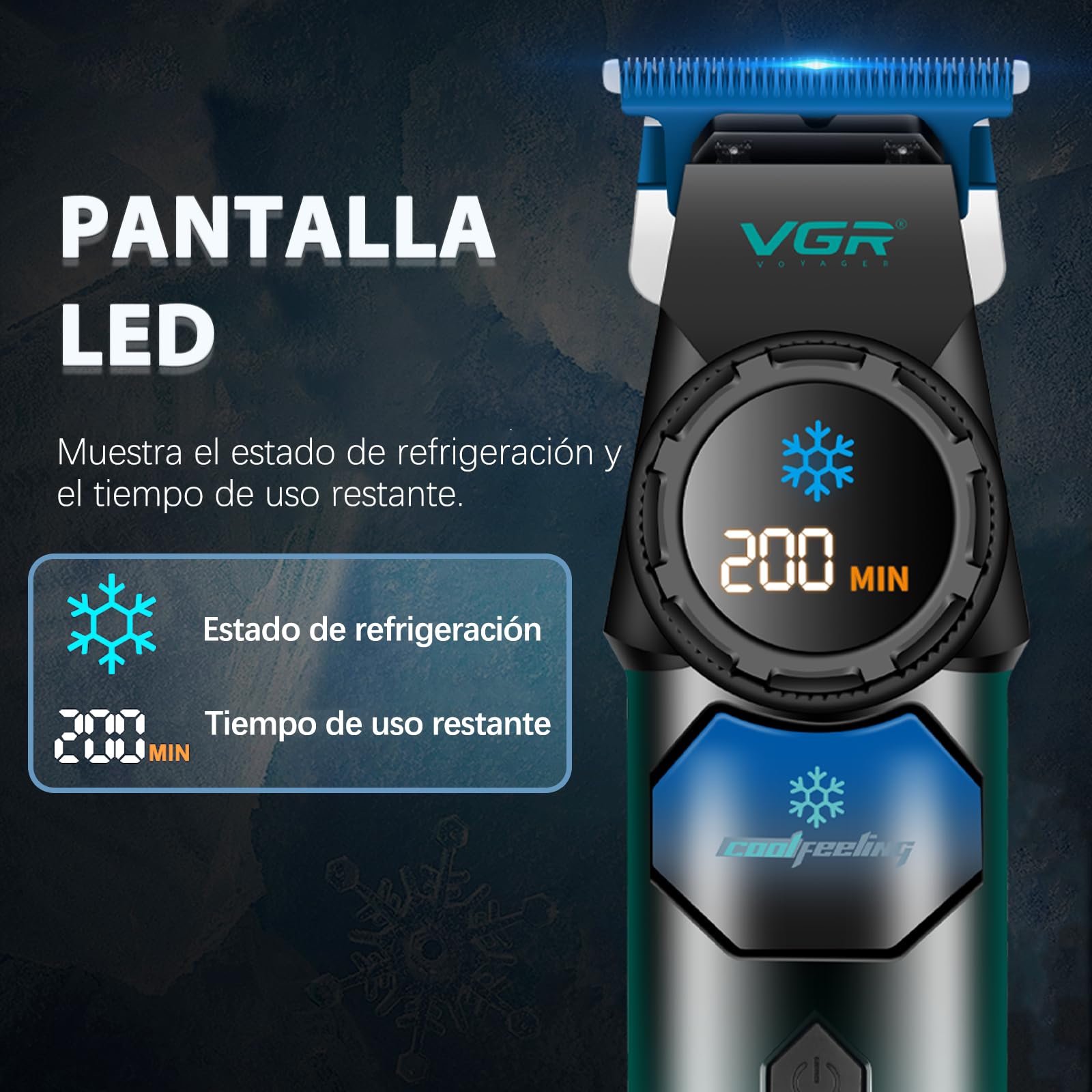 VGR 946 Maquina de Cortar Pelo Hombre, Función de Refrigeración | Inalámbrica Maquina Cortar Pelo Hombre Conhoja de Metalurgia de Polvo Cerámico Azul, Motor 8000 RPM, Pantalla LED