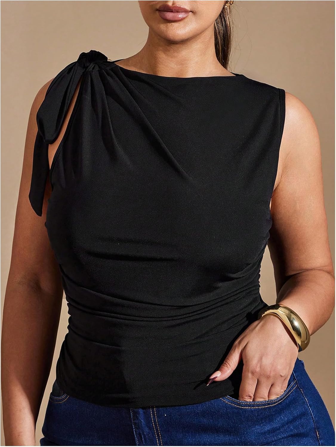 WDIRARA Women's Plus Size Tie Shoulder Tank Top Asymmetrical Neck Sleeveless Tops - Image 5