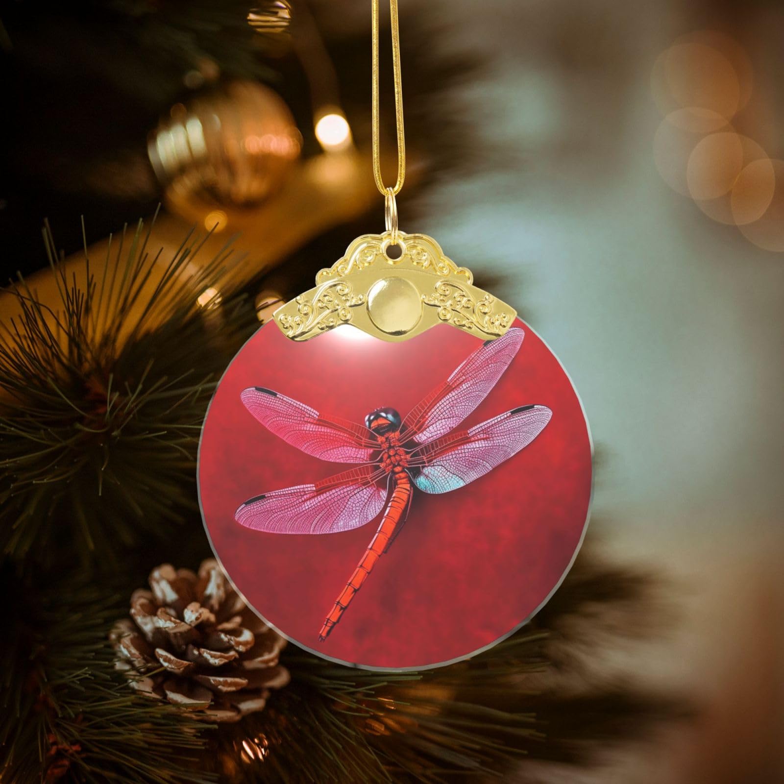 Crystal Christmas Ornaments for Christmas Tree Decoration Hanging Dragonfly on Red Background Ornament with Gold Ribbon Crafts Round Pendant for Keepsake Gifts Glass Xmas Decor Party Supplies