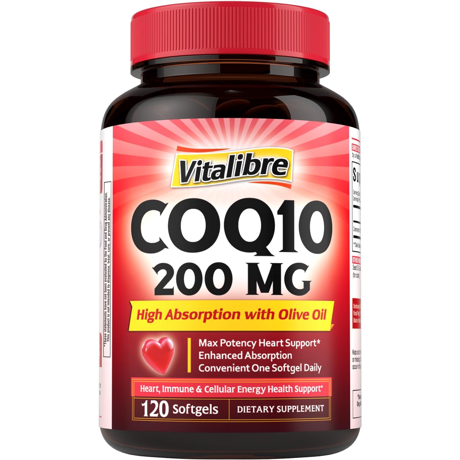 Vitalibre CoQ10 200 mg, with Extra Virgin Olive Oil, High Absorption CoQ10 Ubiquinone 120 Count (Pack of 1)