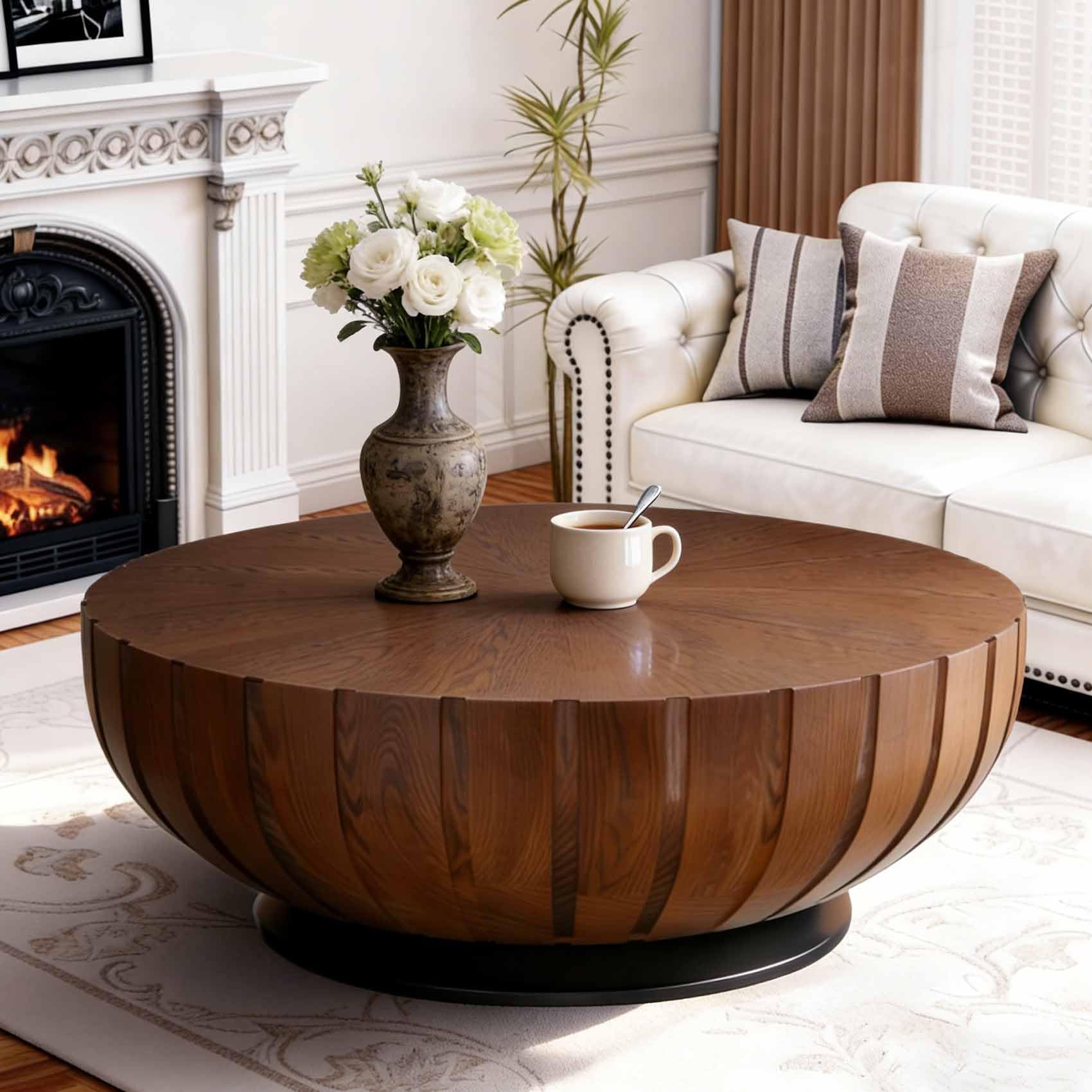 ZUOWENYG Round Walnut Wood Fluted Drum Coffee Table