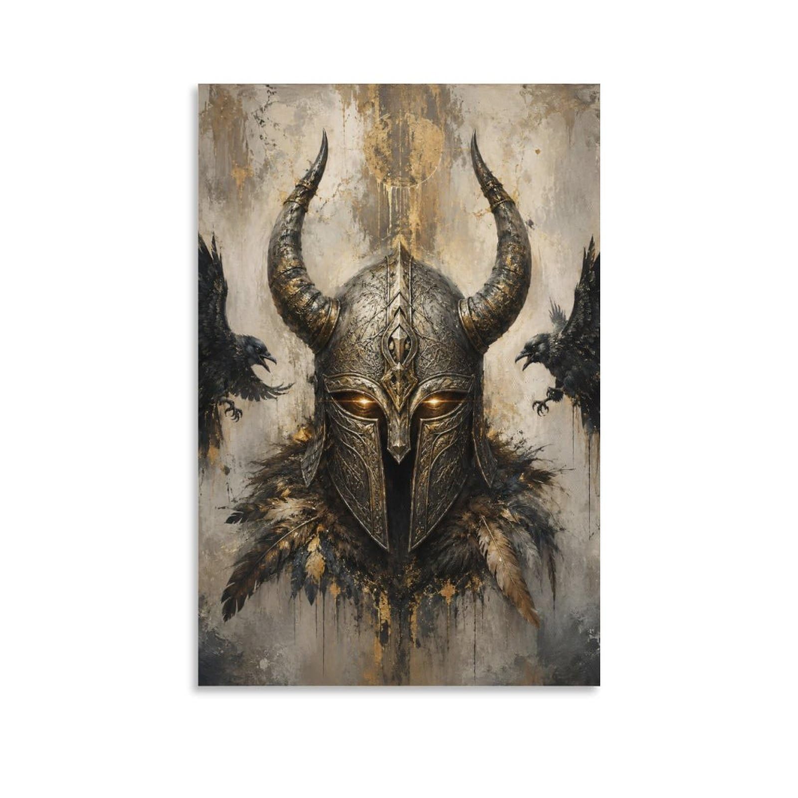 H3B8U2Y5 Viking Helmet Black Ravens Canvas Wall Art, Dark Nordic Fantasy