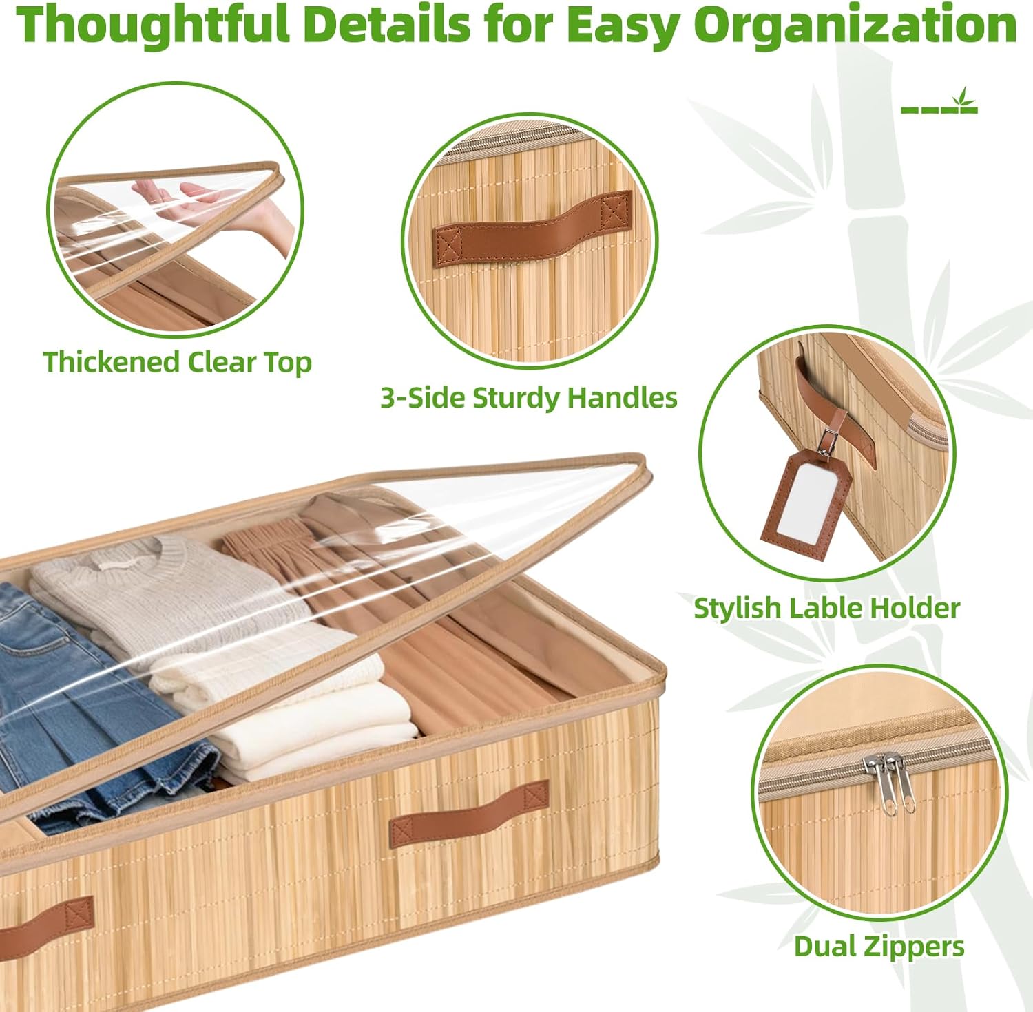 Livole 2 Packs Bamboo Under Bed Storage, 5.9 inches 56L Underbed Storage Containers with Clear Lid & Label